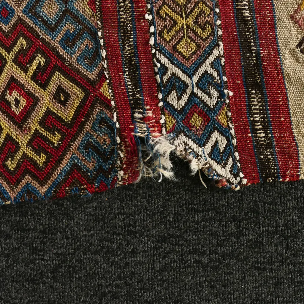 Bag face – wool, - flatweave - S E Anatolia - horizontal bands - hooked lozenge pattern. Some wear and damage commenserate with age. 151 x 92.5cm Image 1++